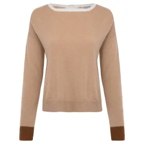 Button Back Tri-Colored Sweater - Camel