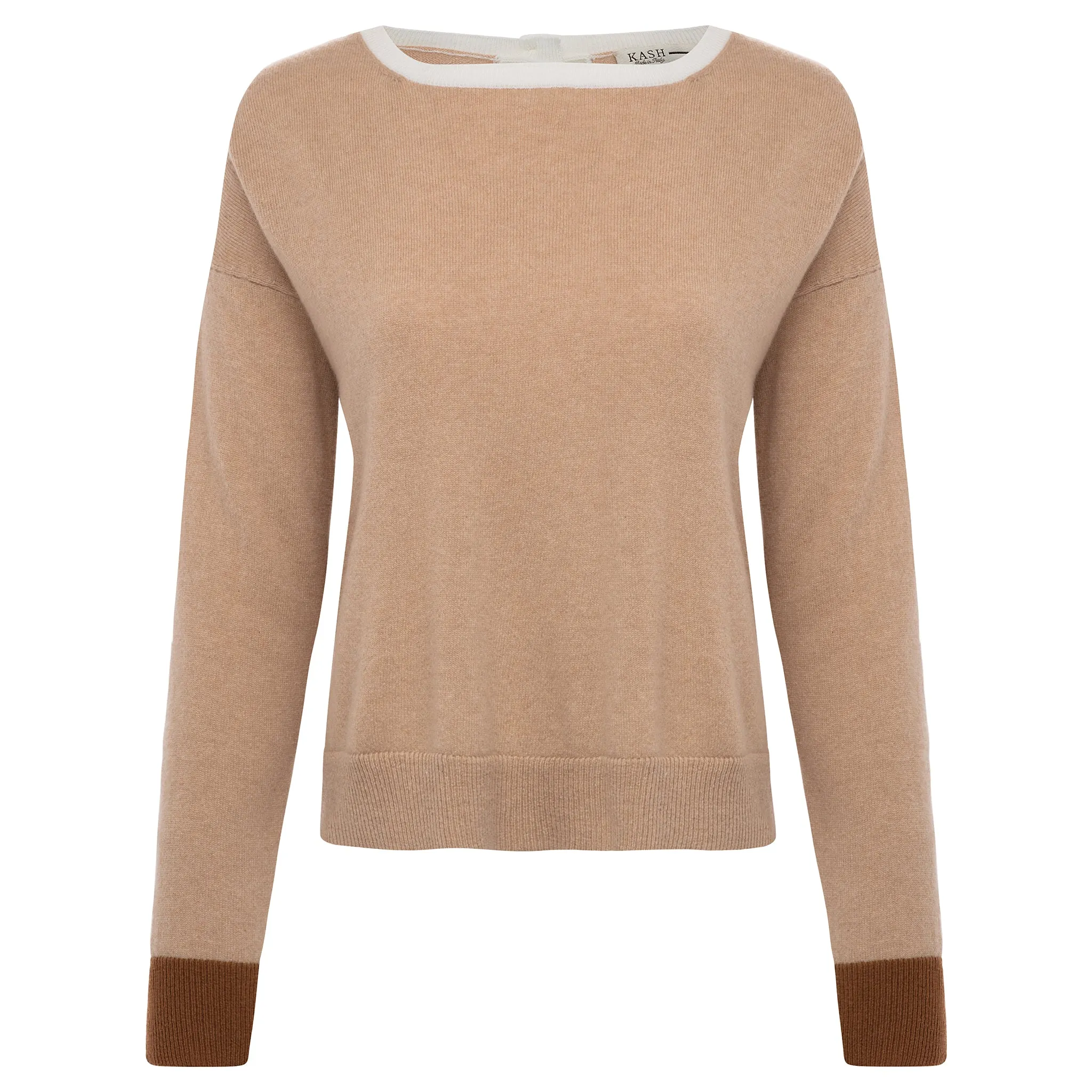 Button Back Tri-Colored Sweater - Camel