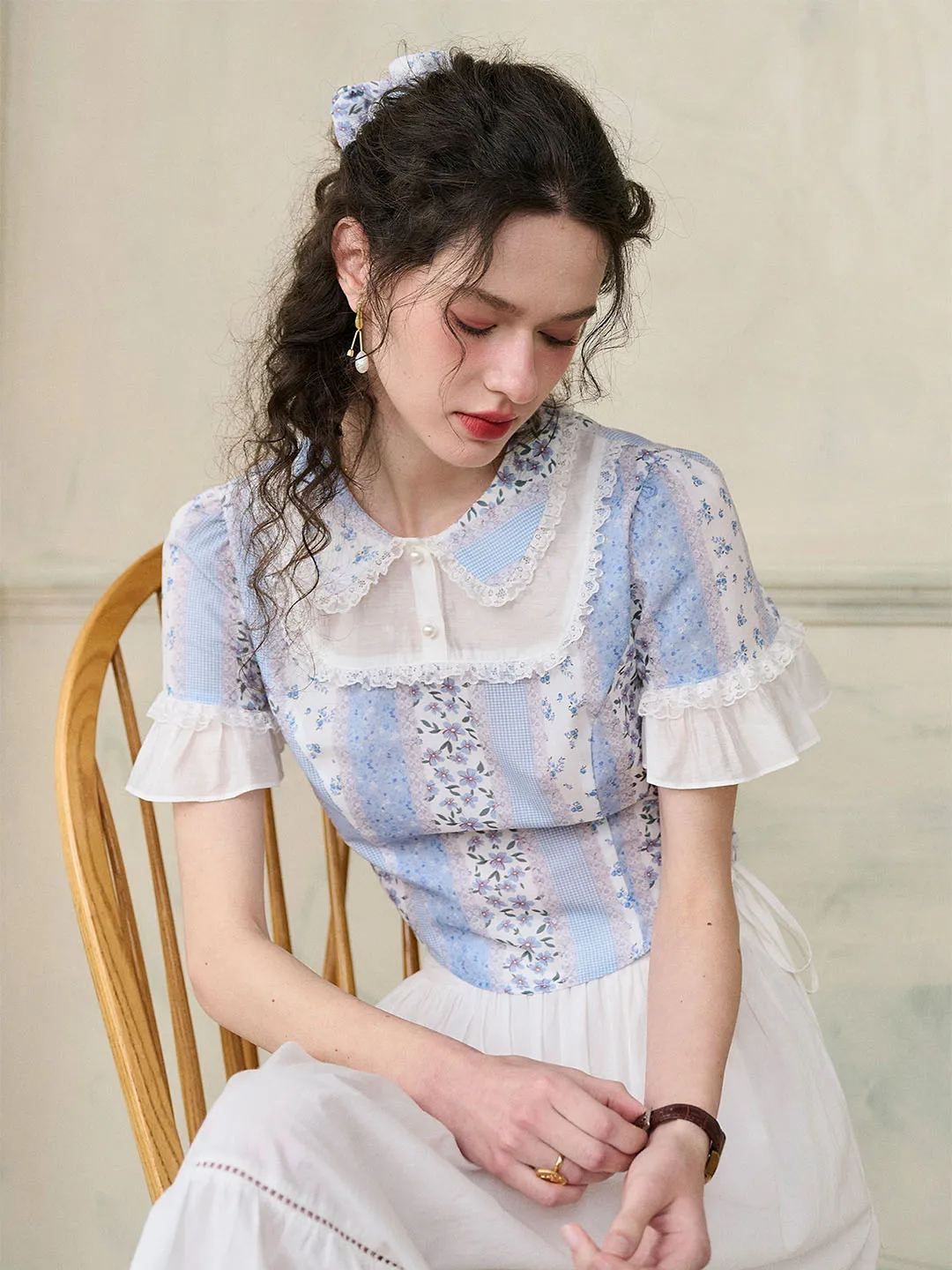 【Final Sale】Maliyah Dolly Collar Lace Floral Contrast Ruffle Sleeve Patchwork Top