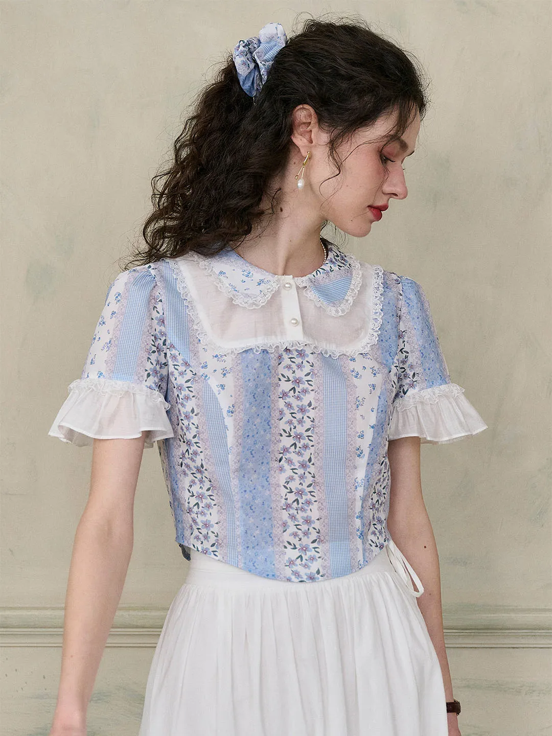 【Final Sale】Maliyah Dolly Collar Lace Floral Contrast Ruffle Sleeve Patchwork Top