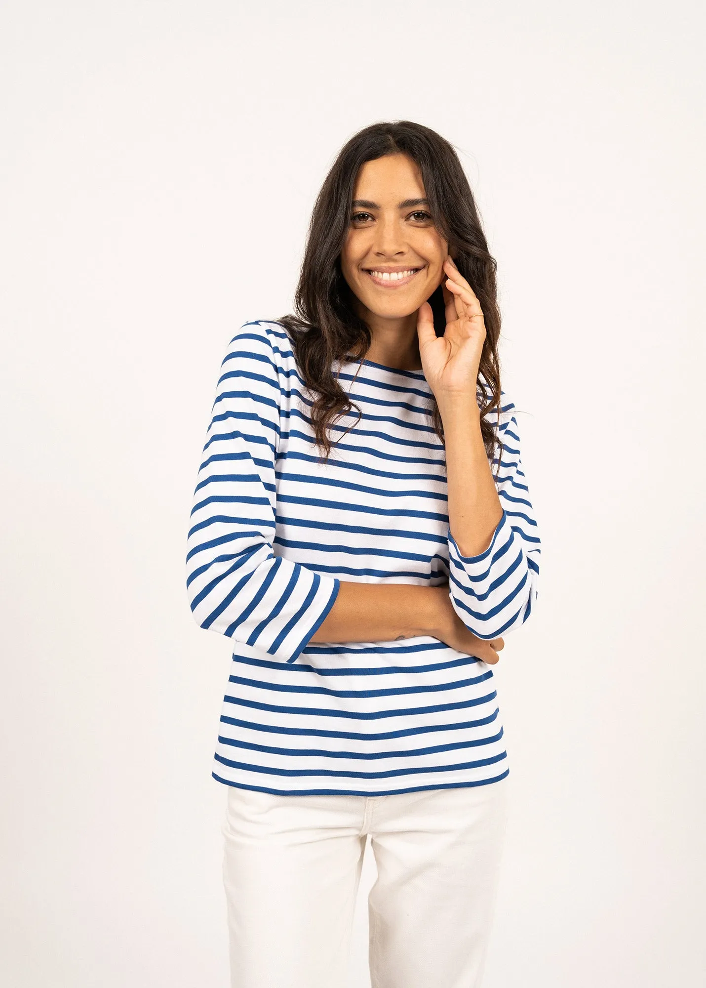 GALATHEE II - Breton Striped Top with ¾ Sleeve | Soft Cotton | Women Fit (WHITE / ROYAL BLUE)