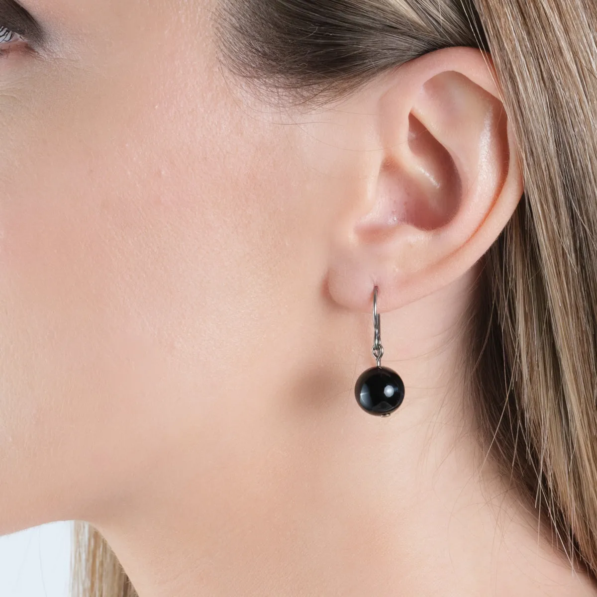 Genuine Black Onyx Niobium French Hook Earrings