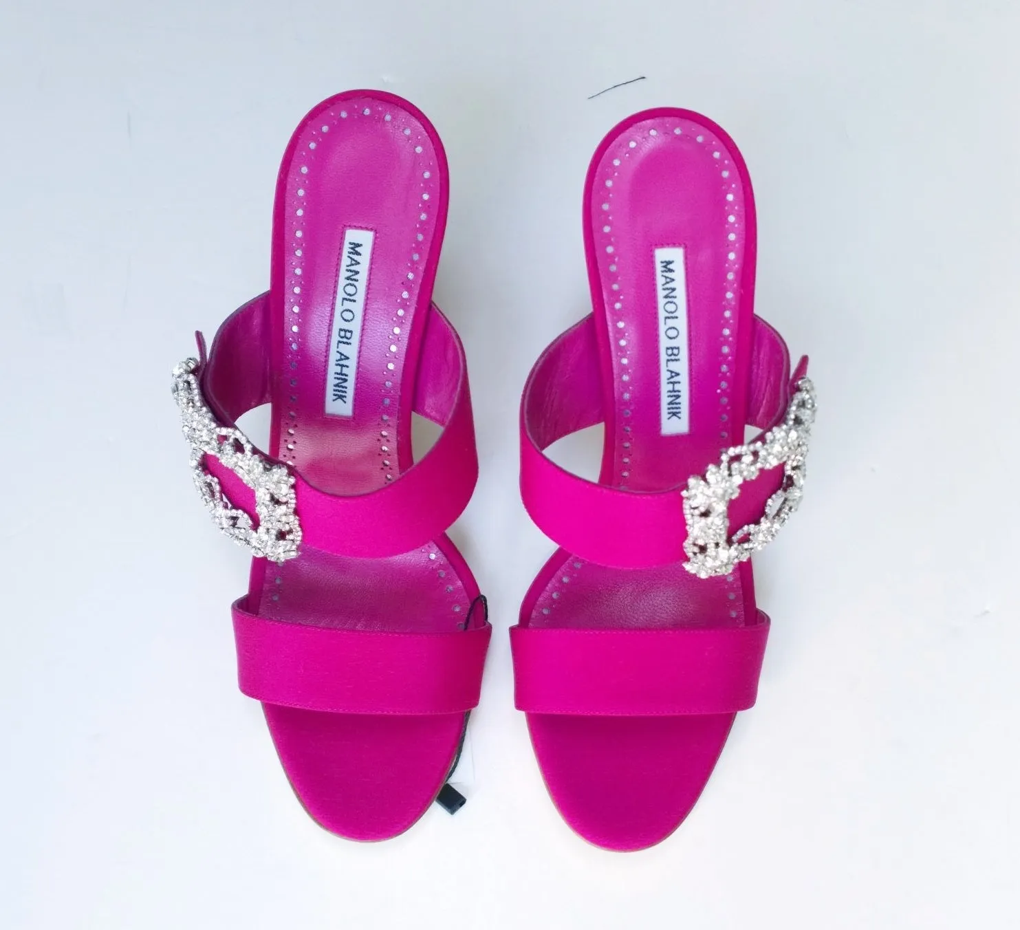 Manolo Blahnik Gable Fuchsia Satin Rhinestone Buckle Slides Sandals sale Heels