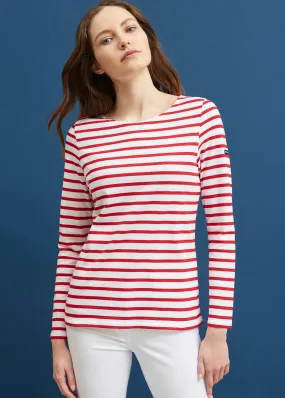 MINQUIDAME - Breton Striped Shirt with Long Sleeve | Soft Cotton | Women Fit (WHITE / RED)