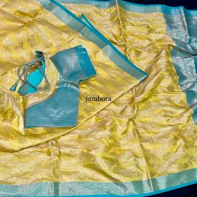 Pastel Yellow & Sea Green Jangla Banarasi Silk Saree with stitched Blouse