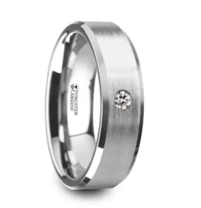 PORTER Brushed Finish Tungsten Ring with White Diamond Setting and Beveled Edges